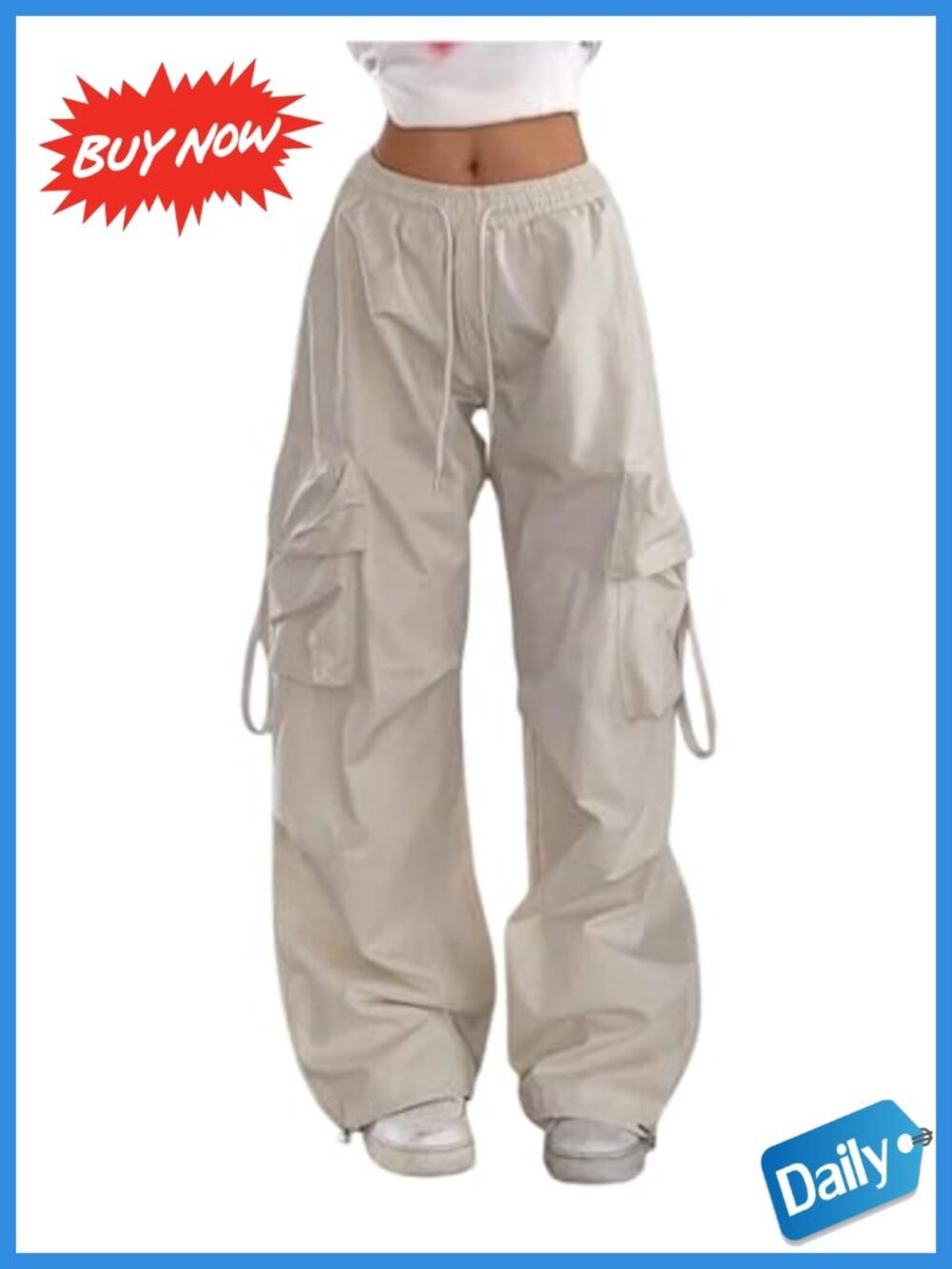 Wide Leg Parachute Cargo Pants High Rise Drawstring Track Joggers